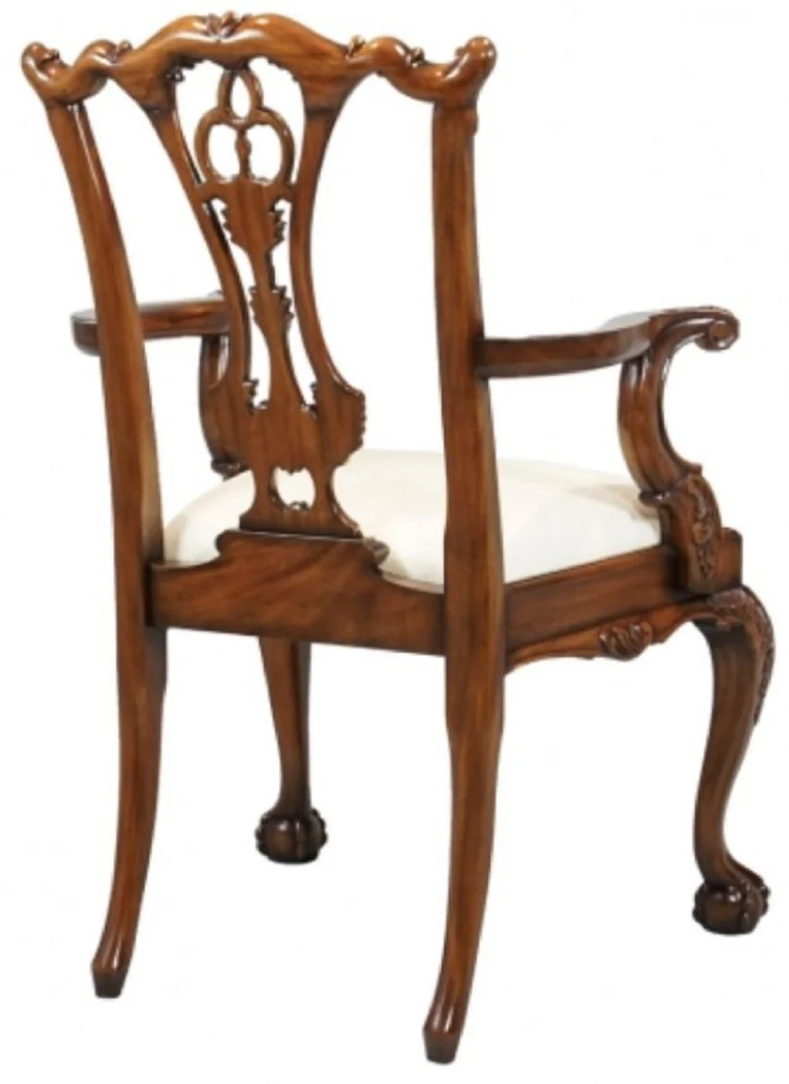 Luxury Baroque Dining Room Chair with Armrests White / Brown - Padded Solid Wood Chair in Baroque Style - Baroque Dining Room Furniture