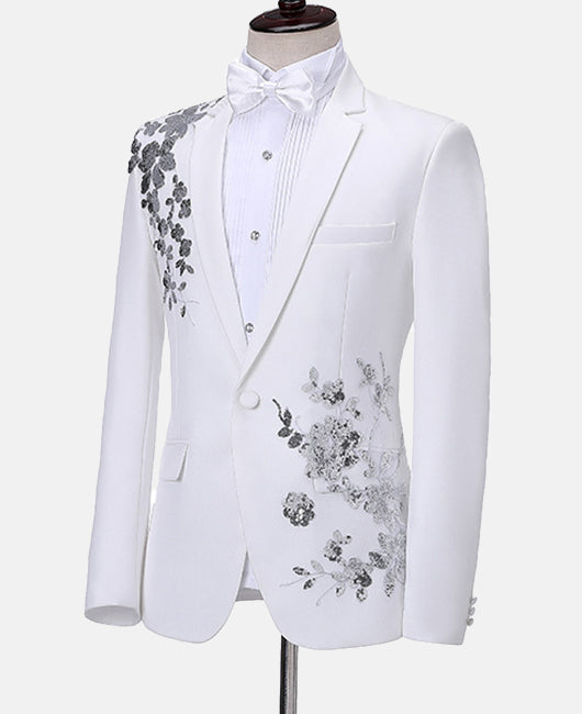 Elegant Floral Sequin Lapel Collar Blazer & Pants 2Pcs Set