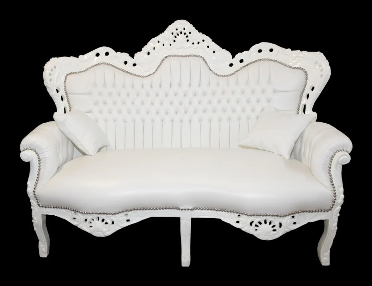 Baroque 2 Seater Sofa Master White Leather Look - Living Room Couch Furniture Lounge