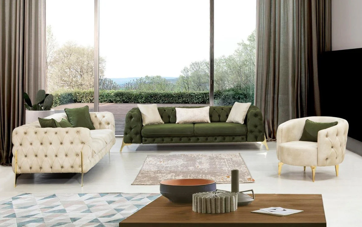 Luxury Chesterfield sofa bed cream / gold 250 x 95 x H. 72 cm - Modern living room sofa - Chesterfield living room furniture