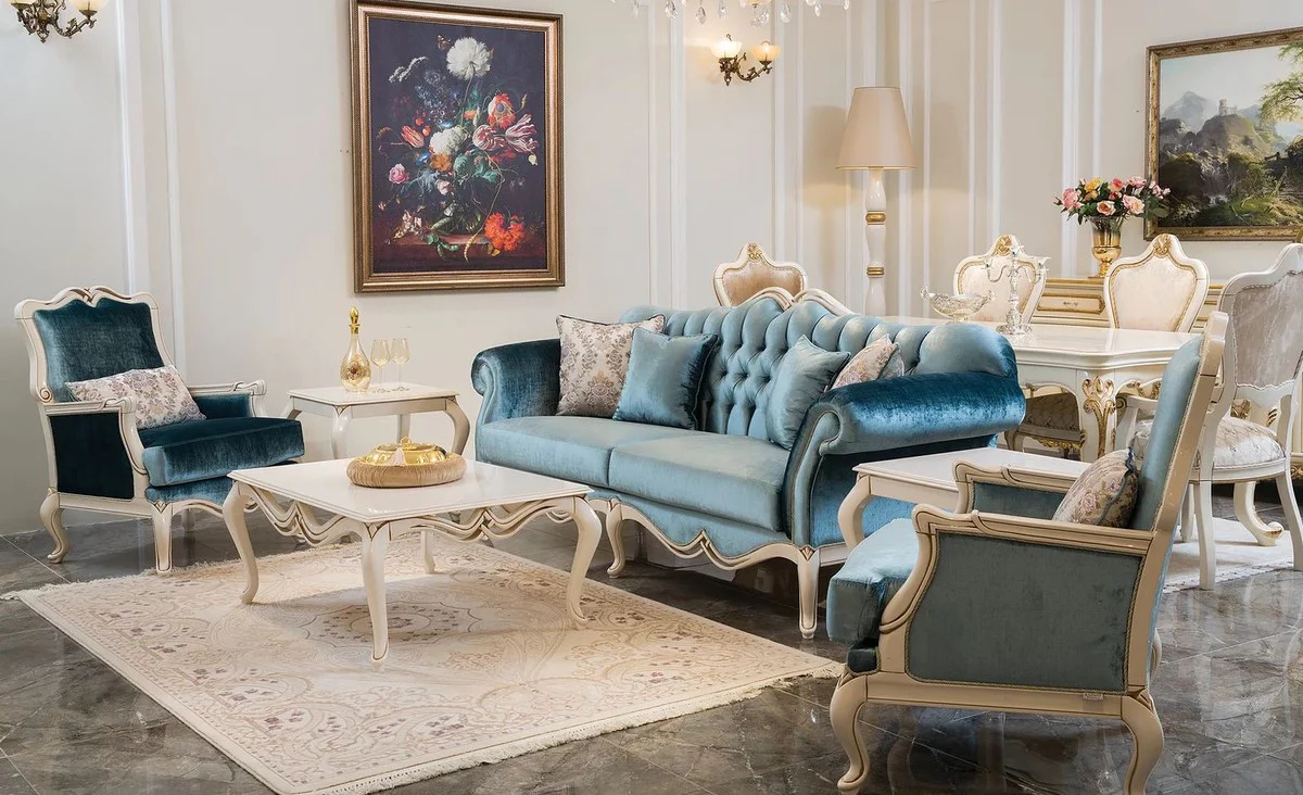 Luxury baroque sofa blue / white 225 x 87 x H. 101 cm - living room sofa with decorative pillows - living room furniture in baroque style