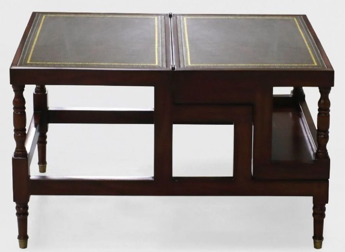 Luxury Art Nouveau coffee table dark brown / green / gold - fold-out solid wood library stairs with real leather - Art Nouveau living room furniture - noble & magnificent