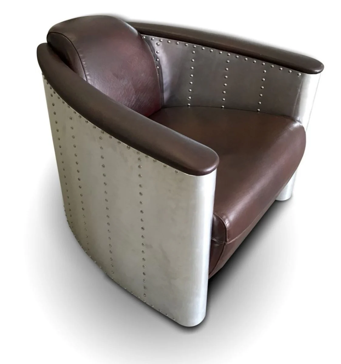 Luxury Art Deco leather armchair 80 x 95 x H. 90 cm - Various colors - Aluminum living room armchair with real leather - Aluminum airplane aviator armchair furniture