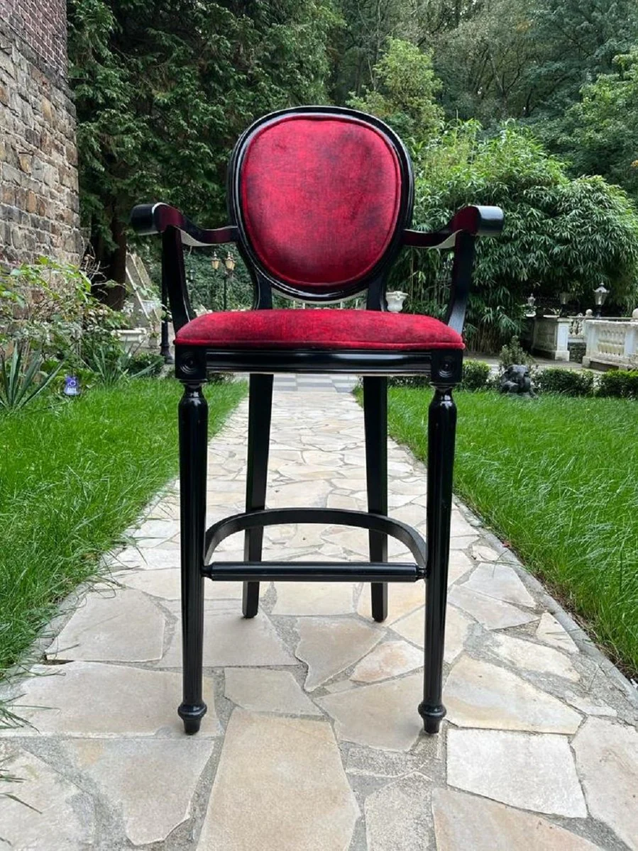 Baroque bar chair with armrests Bordeaux red / black - magnificent baroque style solid wood bar stool with elegant velvet fabric - baroque bar furniture