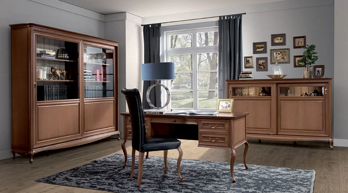 Luxury Art Nouveau bookcase brown / cream 222.9 x 46.1 x H. 196.6 cm - solid wood cabinet with 2 sliding doors - living room cabinet - office cabinet - Baroque & Art Nouveau furniture