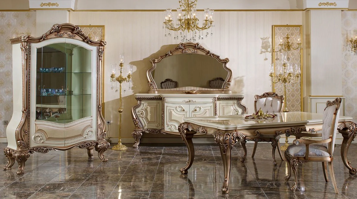 Luxury baroque display cabinet white / beige / copper colored - magnificent solid wood display cabinet with 2 glass doors and 2 glass shelves - baroque furniture - noble & magnificent