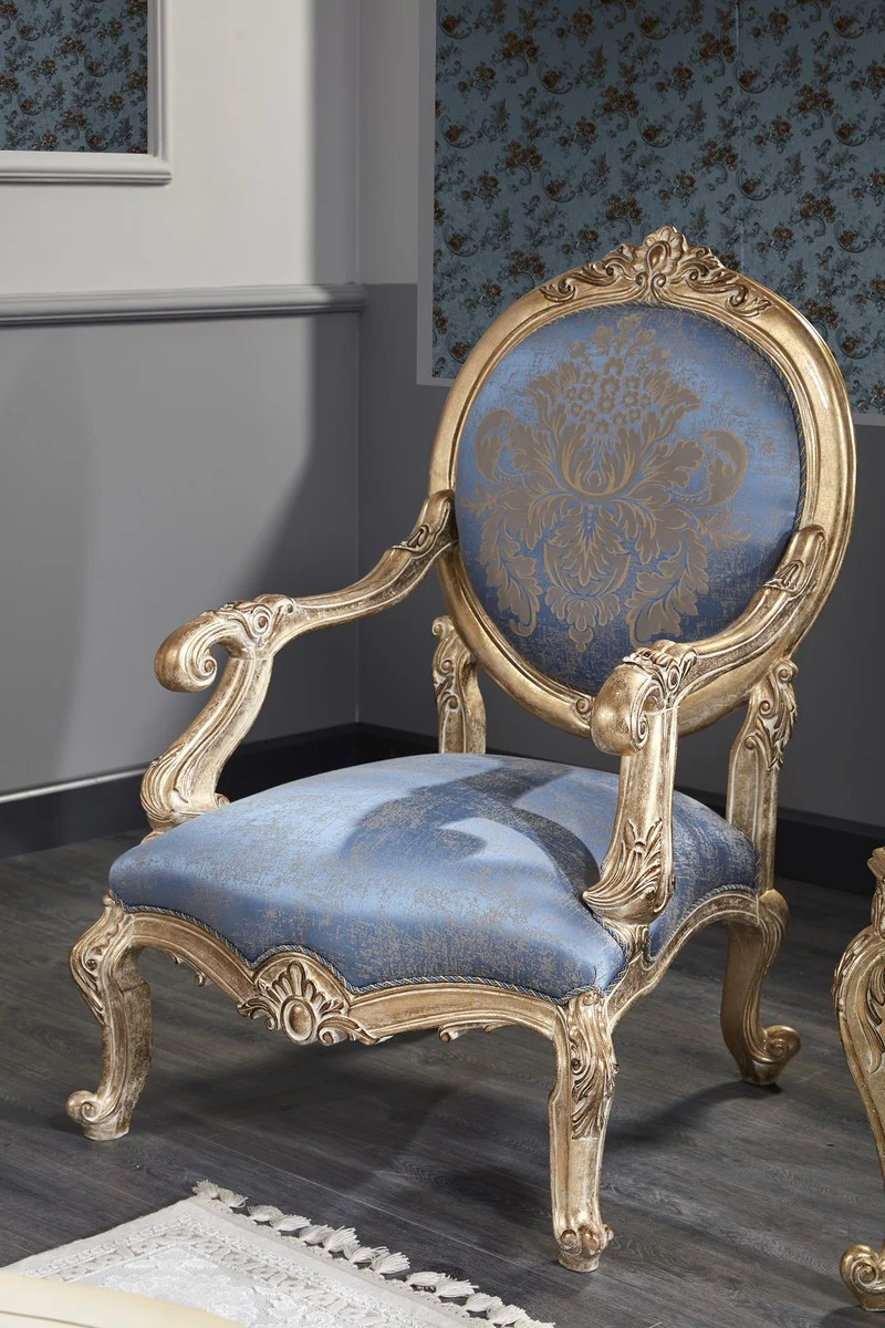 Luxury Baroque Salon Chair Light Blue / Antique Gold 65 x 85 x H. 120 cm - Baroque Furniture