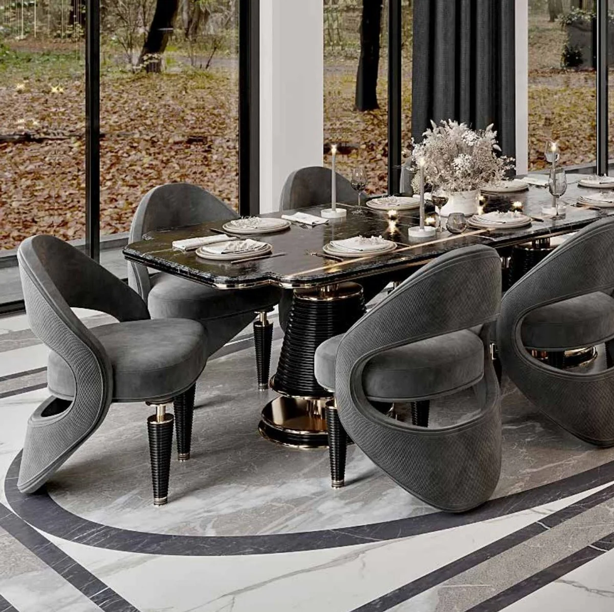 Luxury dining room furniture set gray / black / gold - 1 luxury dining table with faux marble table top & 8 luxury dining room chairs - dining room furniture - restaurant furniture - luxury furniture