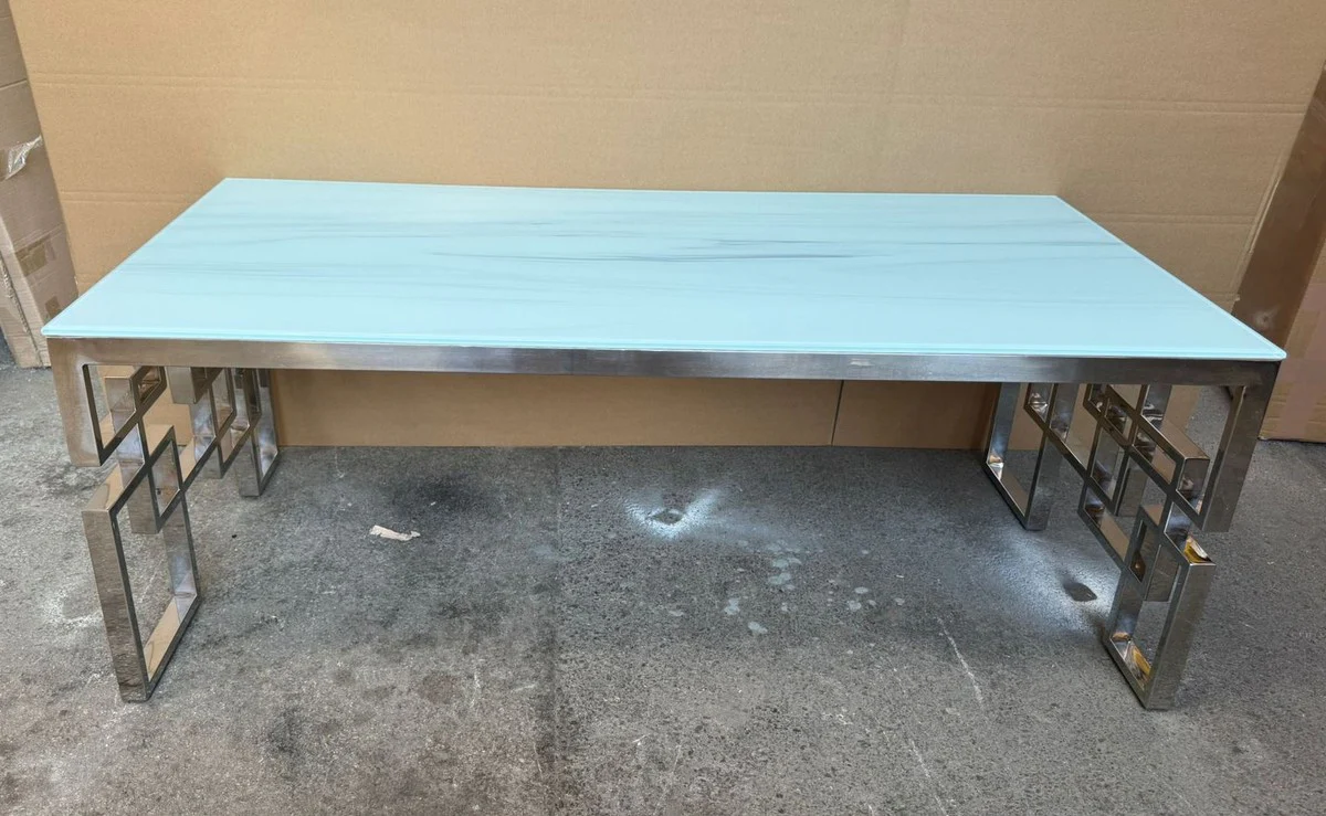 Luxury stainless steel coffee table with marble glass table top white / silver 120 cm