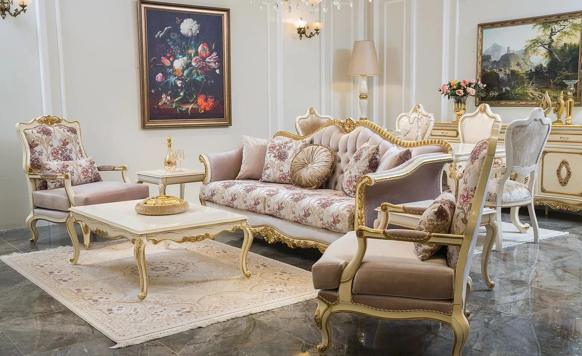 Luxury baroque sofa pink / white / gold 228 x 88 x H. 108 cm - Noble living room sofa with floral pattern and decorative pillows - Baroque living room furniture