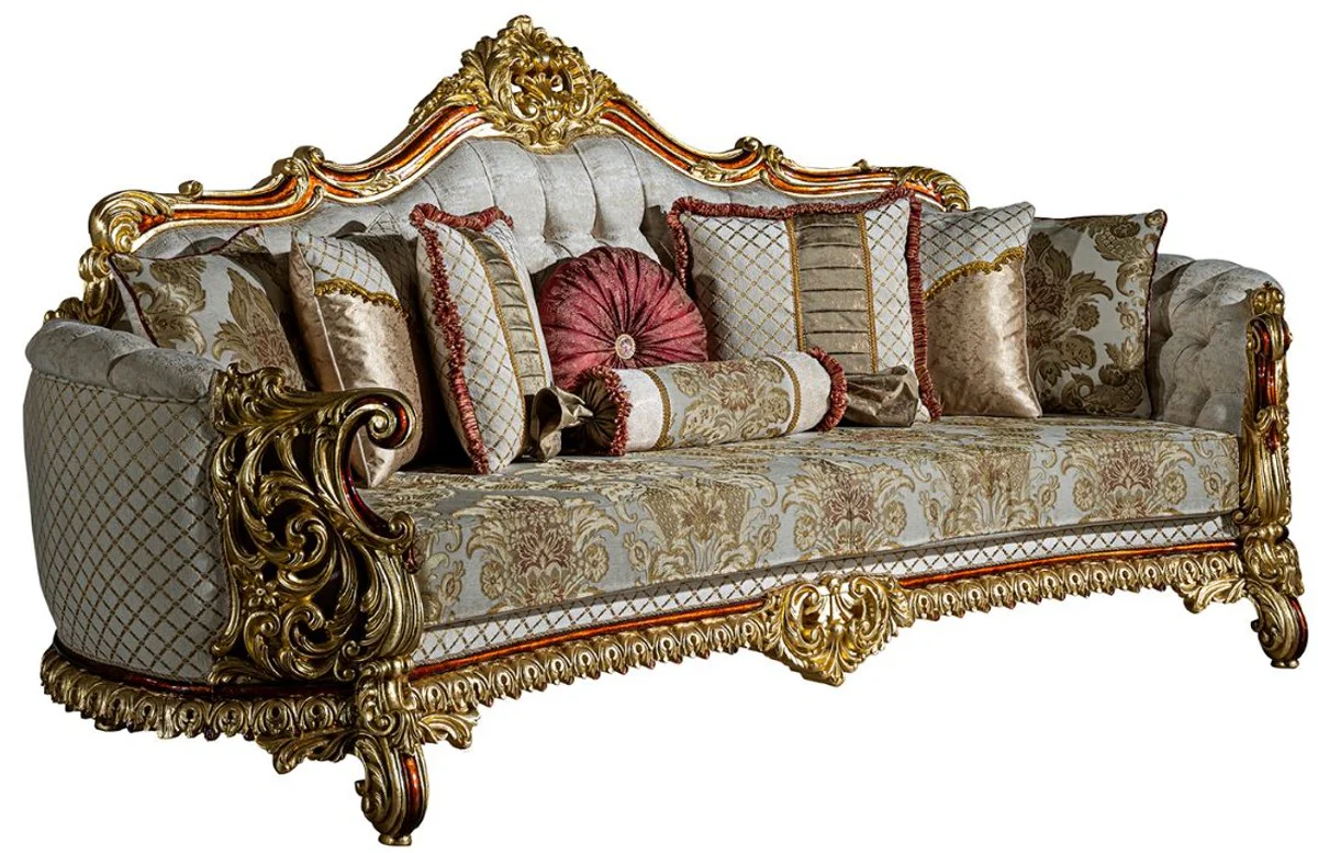 Luxury baroque sofa gray / red / gold 270 x 105 x H. 128 cm - living room sofa with decorative pillows - noble & magnificent