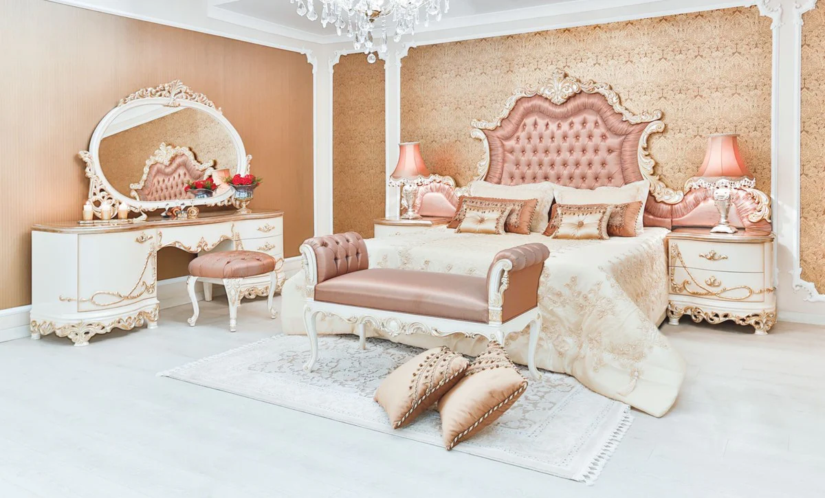 Luxury baroque nightstand white / cream / copper 70 x 55 x H. 68 cm - Magnificent solid wood bedside table - Baroque bedroom furniture