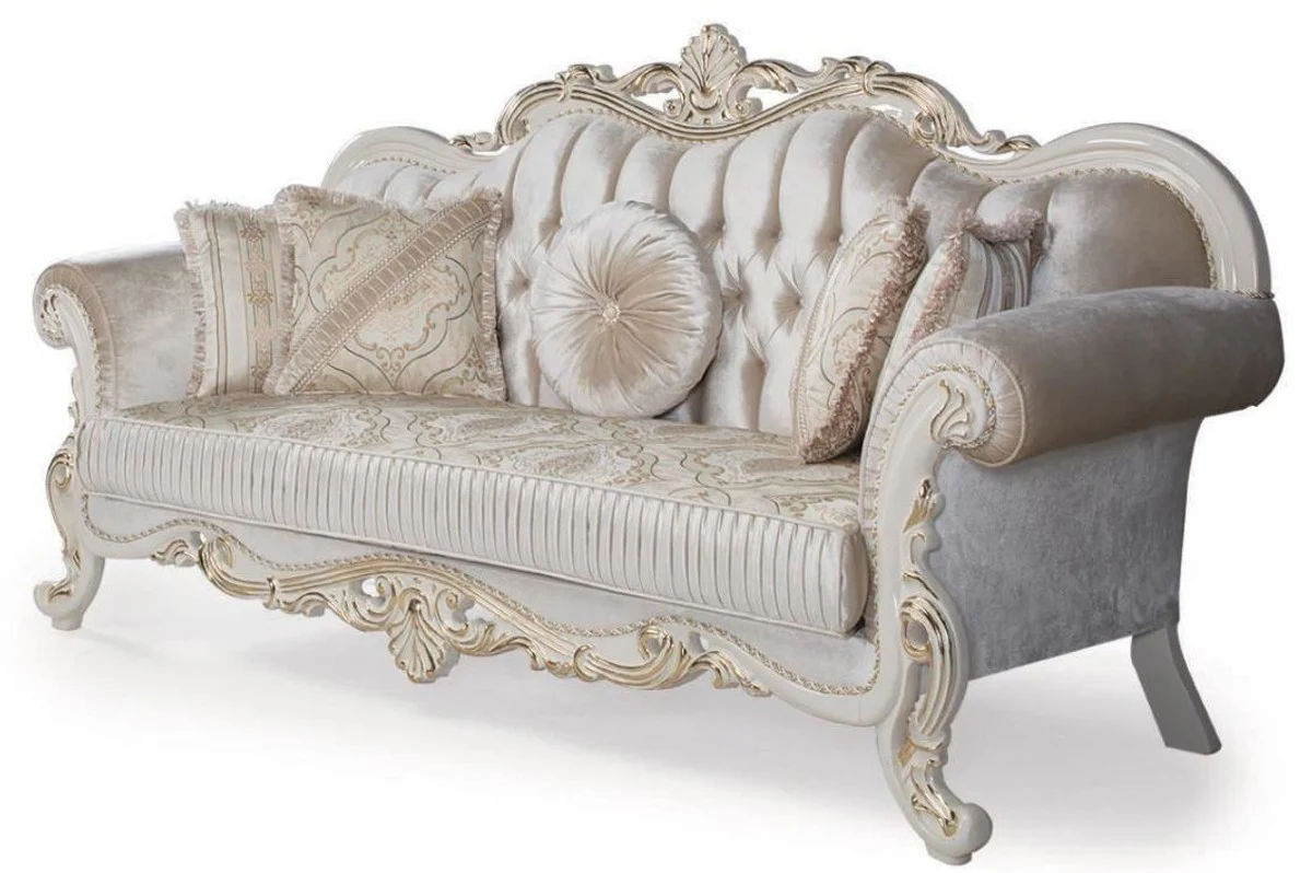 Luxury baroque sofa multicolored / white / gold 227 x 90 x H. 118 cm - living room sofa with decorative pillows - living room furniture in the baroque style