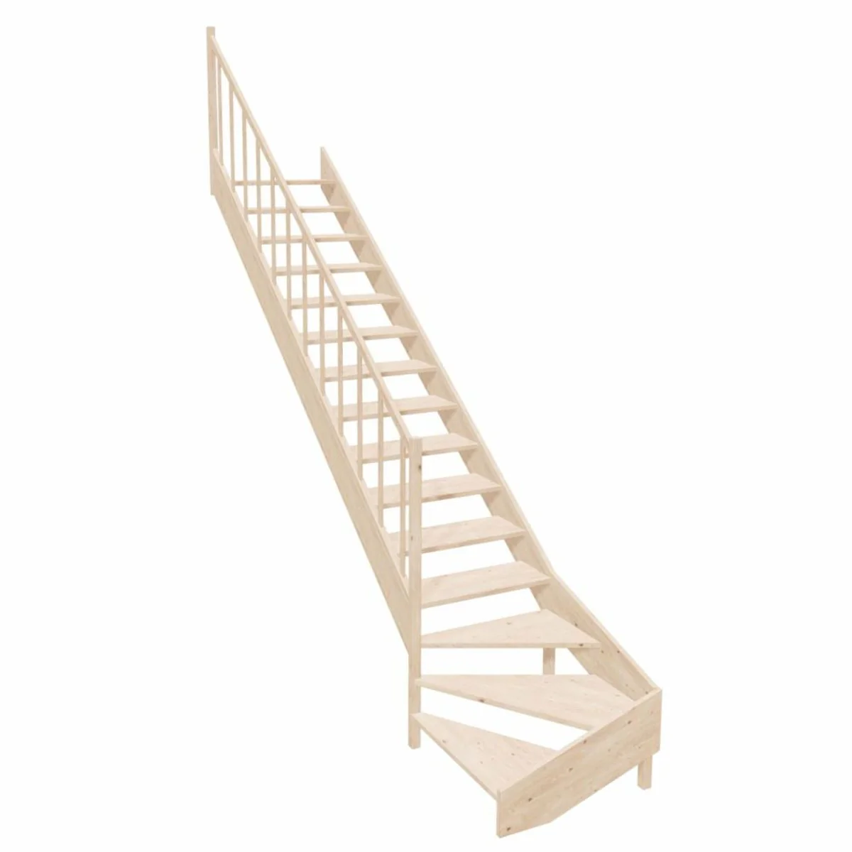 Luxury corner wooden staircase with railing left side natural color H. 364 cm