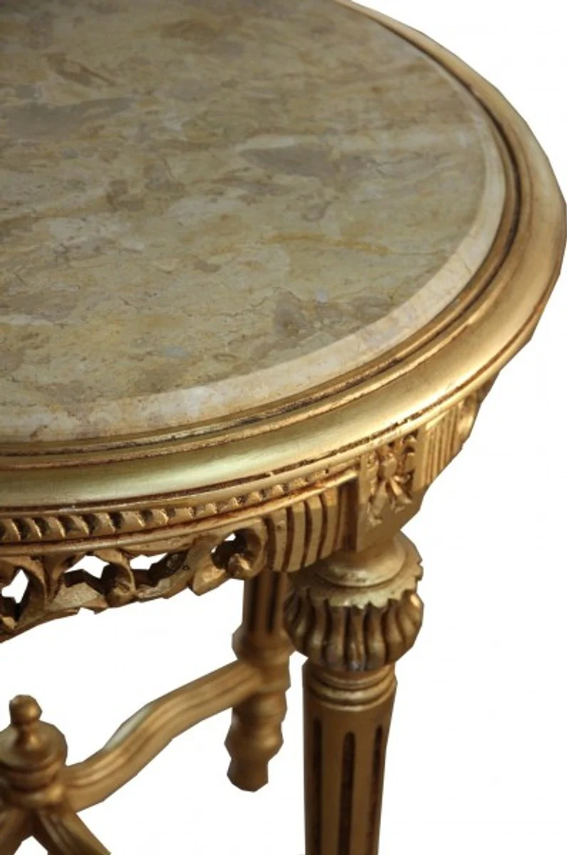 Large baroque side table round table with marble top gold / cream - antique style table furniture H 71 cm W 63 cm
