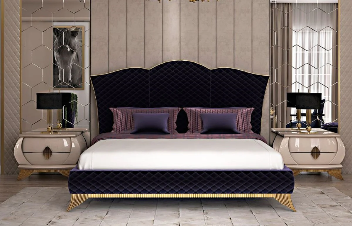 Luxury Art Deco double bed purple / gold - noble solid wood bed with headboard - Art Deco bedroom & hotel furniture - luxury collection