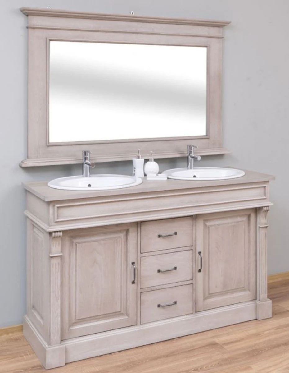 Country house style bathroom set gray - 1 double washbasin & 2 sinks & 2 taps & 1 wall mirror - solid wood bathroom furniture in country house style
