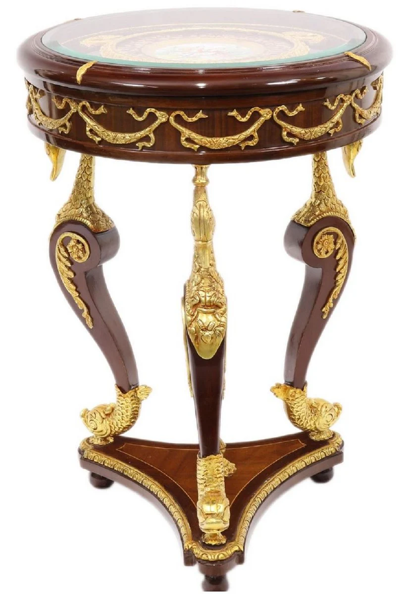Baroque mahogany side table with glass top brown / gold Ø 55 x H. 78 cm - Magnificent round handmade and hand-painted table with beautiful decorations