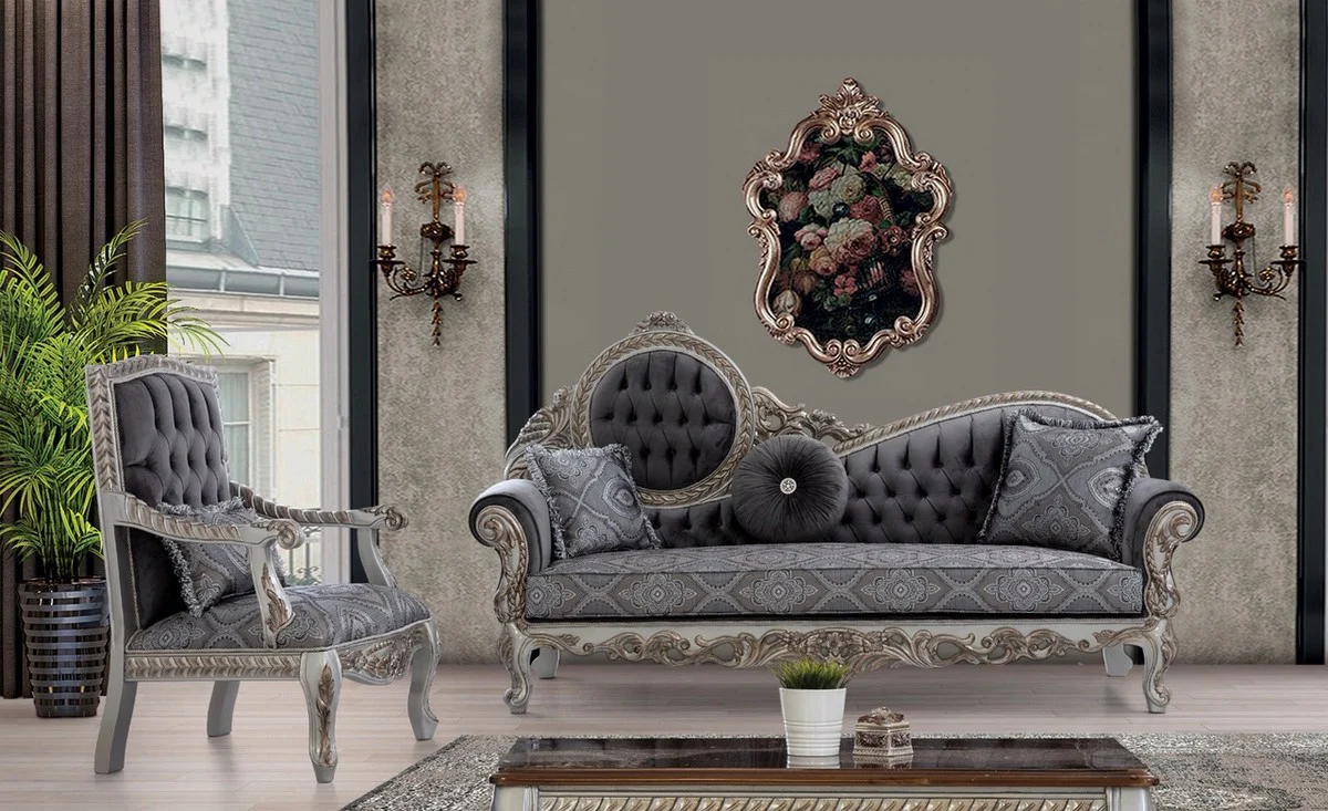 Luxury baroque living room set gray / blue / silver / bronze - 2 sofas & 2 armchairs & 1 coffee table - magnificent living room furniture in baroque style