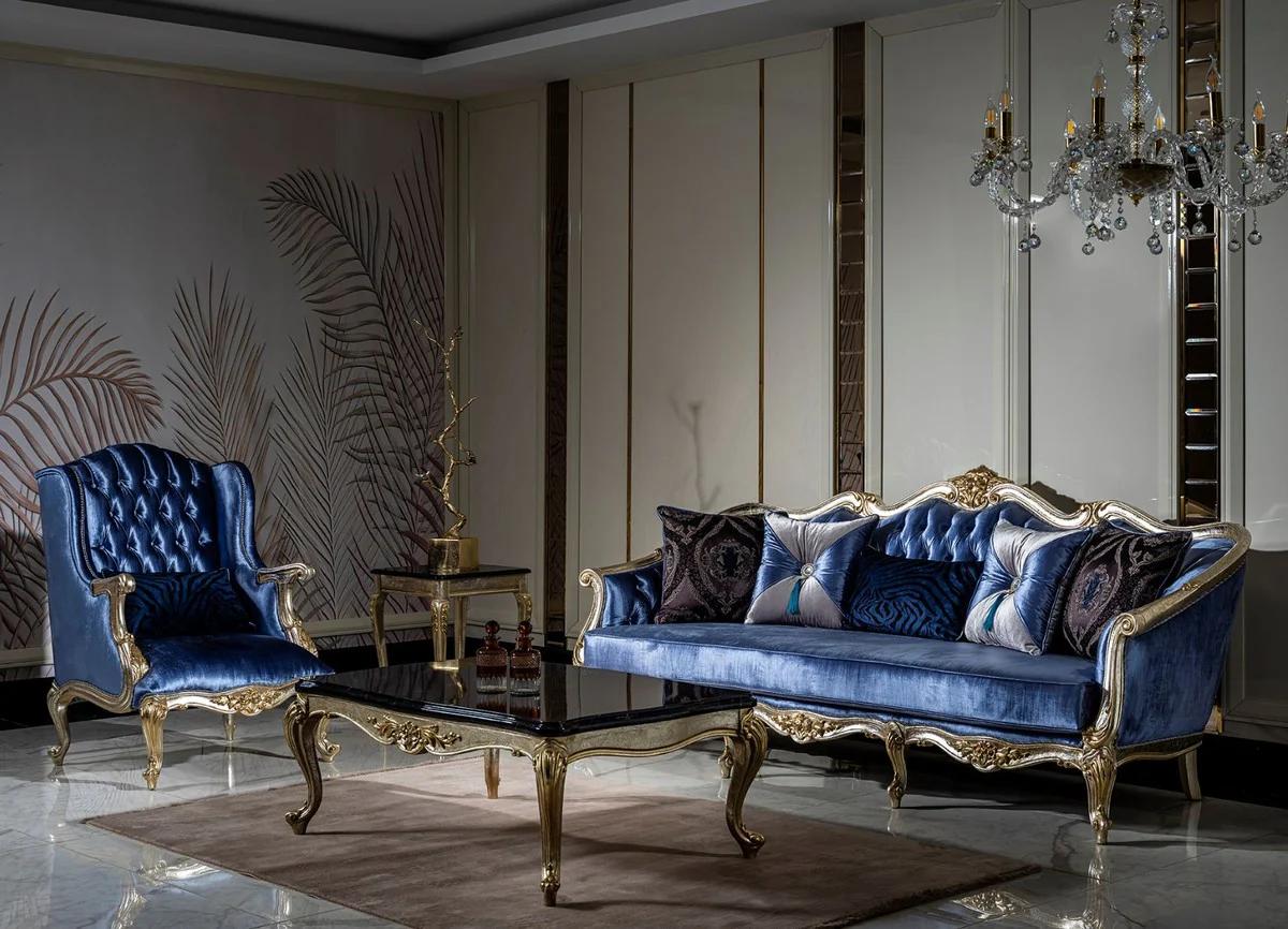 Luxury Baroque Sofa Blue / Silver / Gold - Handmade Living Room Sofa with Decorative Pillows - Baroque Living Room Furniture