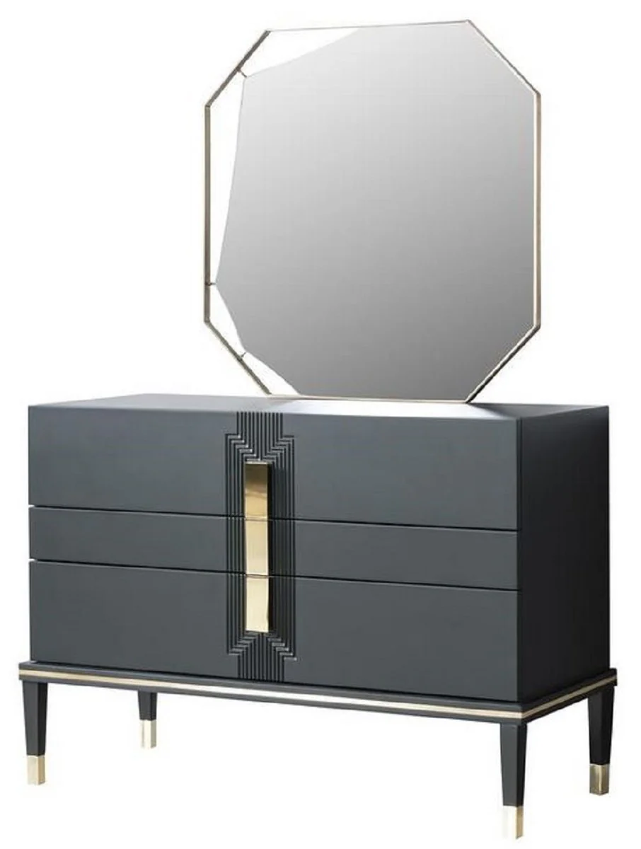 Luxury bedroom chest of drawers with wall mirror black / gold - Modern solid wood cabinet with elegant mirror - Luxury bedroom furniture