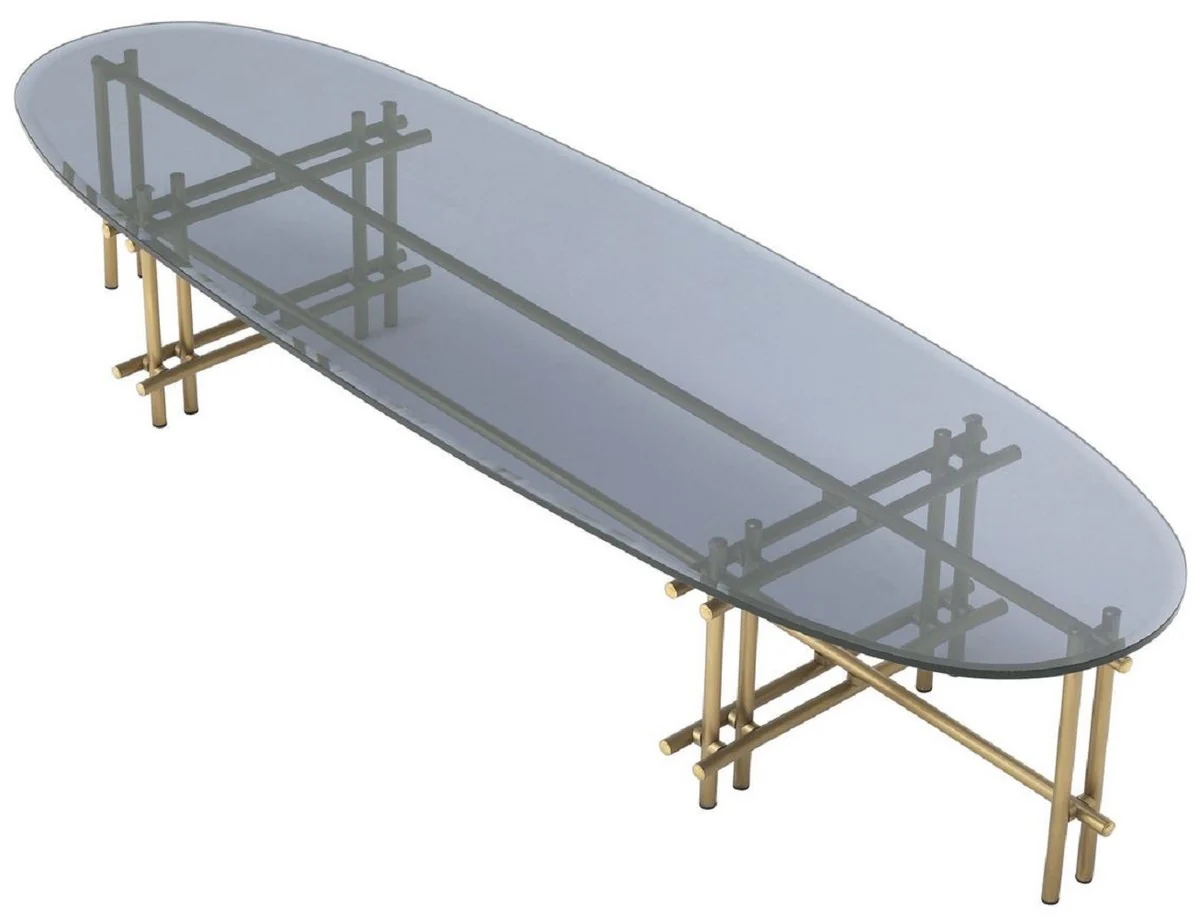 Luxury coffee table brass / gray 159 x 50 x H. 30 cm - stainless steel living room table with glass top - living room furniture - luxury quality