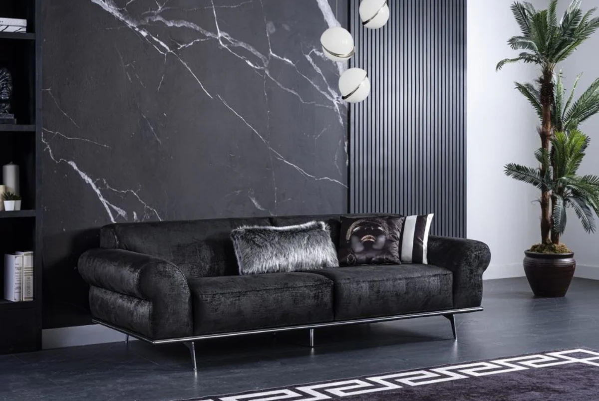 Luxury Art Deco living room sofa black / silver 240 x 95 x H. 63 cm - Luxury living room furniture