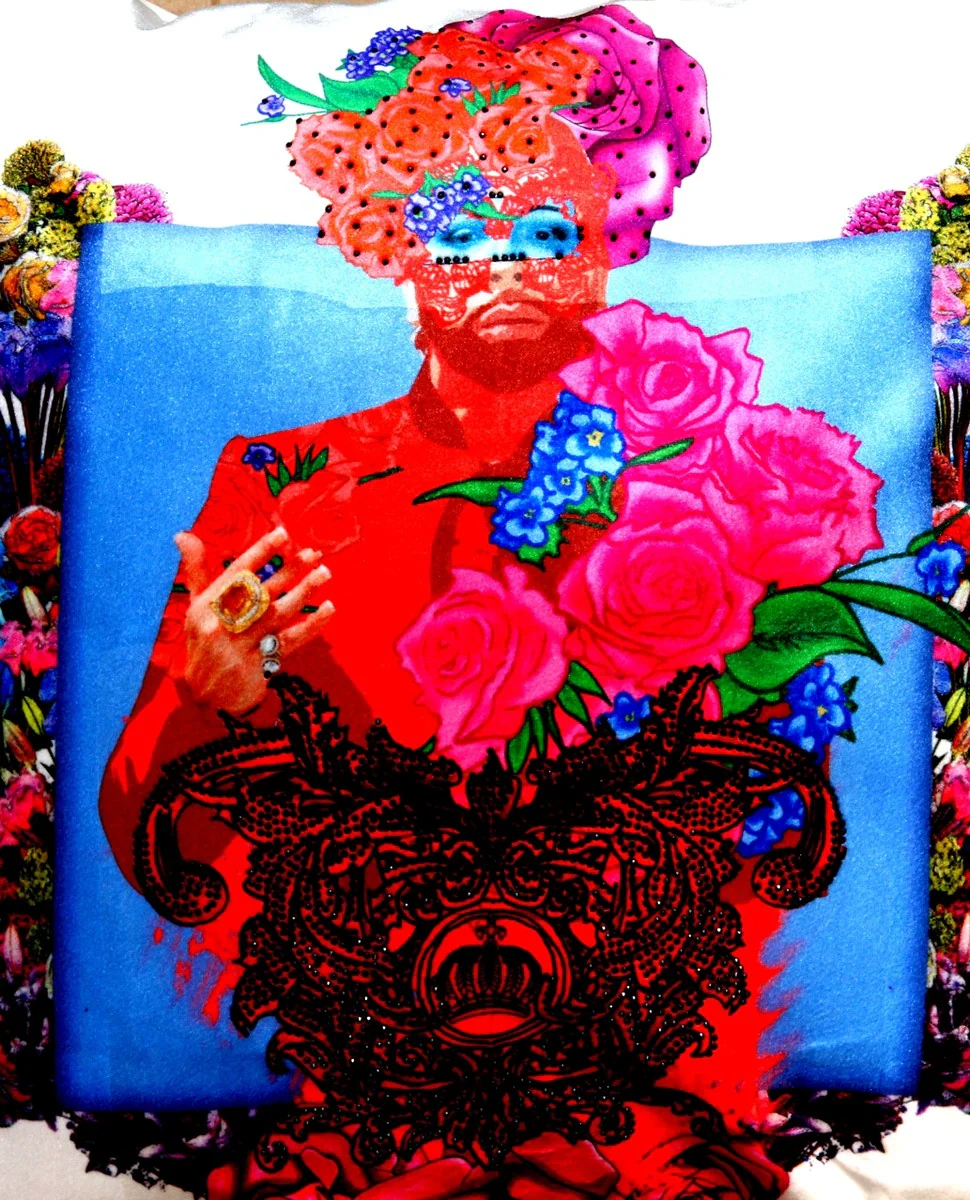 Harald Glööckler Designer Decorative Cushion Pompöös by with Glitter Stones Pink Roses - Art Collection -