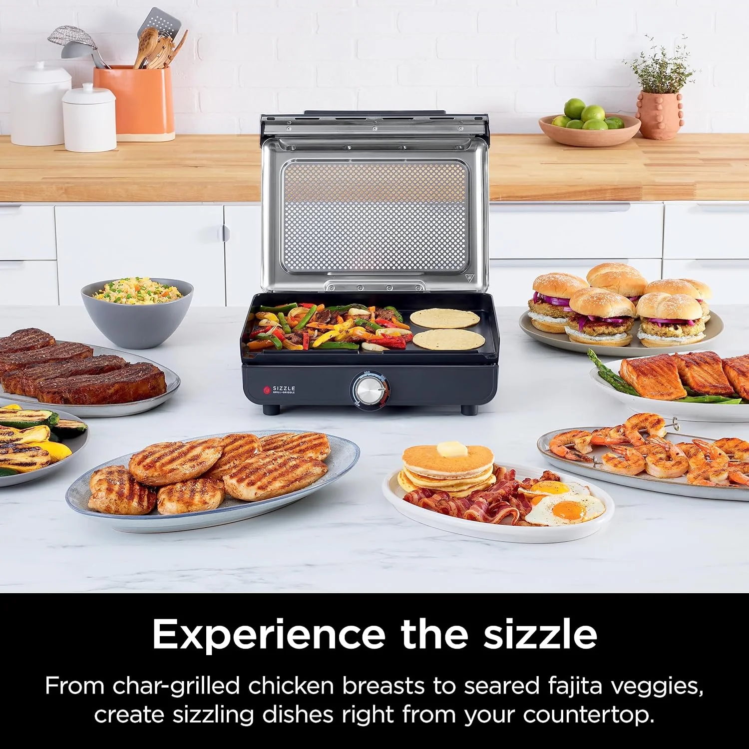 Ninja Griddle and Indoor Grill, 14’�? Electric Grill, For Steak, Burgers, Salmon, Veggies, and More, Pancake Griddle, Nonstick, Dishwasher Safe, 500F, Even Cooking, Silver, GR101