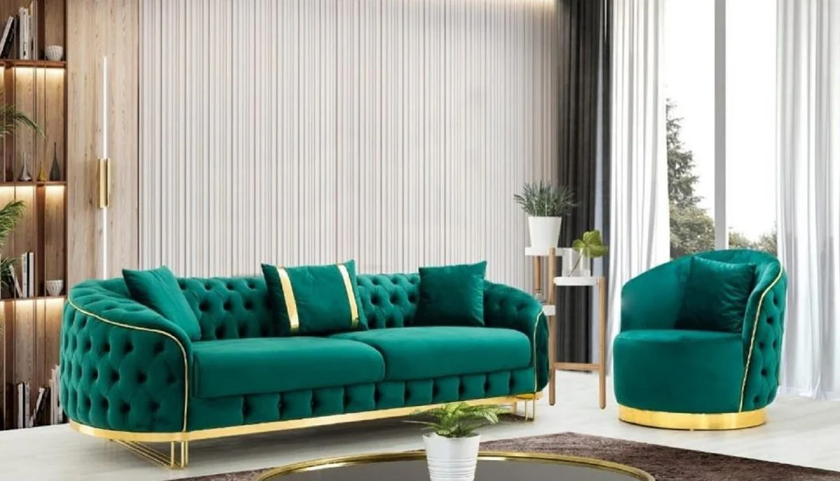 Luxury Chesterfield sofa green / gold 240 x 95 x H. 72 cm - Modern living room sofa - Chesterfield living room furniture