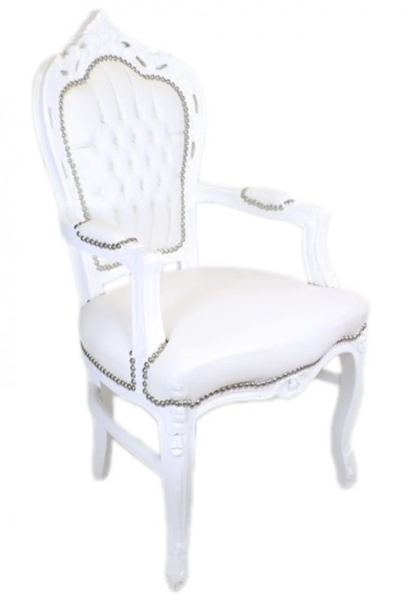 Baroque dining room chair white / white leather look with armrests - baroque chair - antique style chair