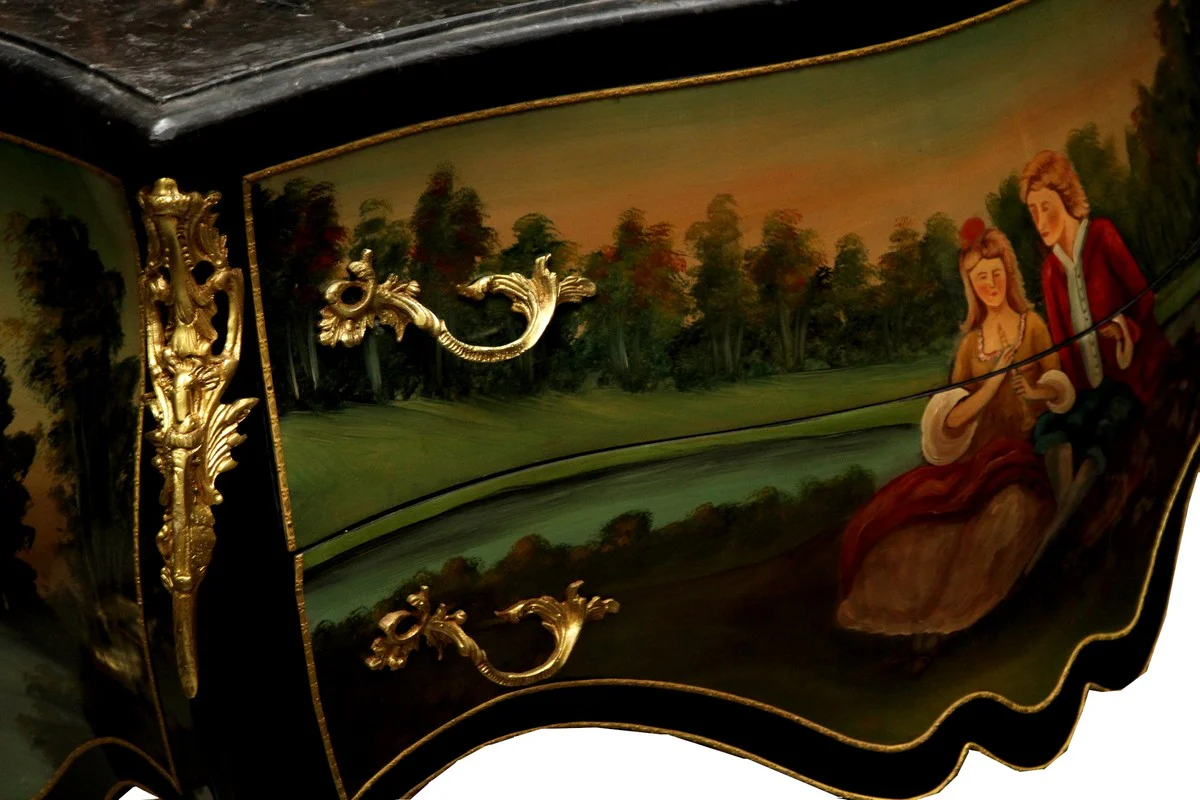 Baroque chest of drawers black with hand-painted motif / gold 130 cm metal applications and marble top
