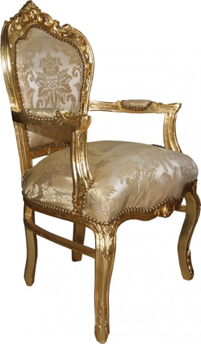 Baroque dining chair cream floral pattern / gold with armrests - furniture