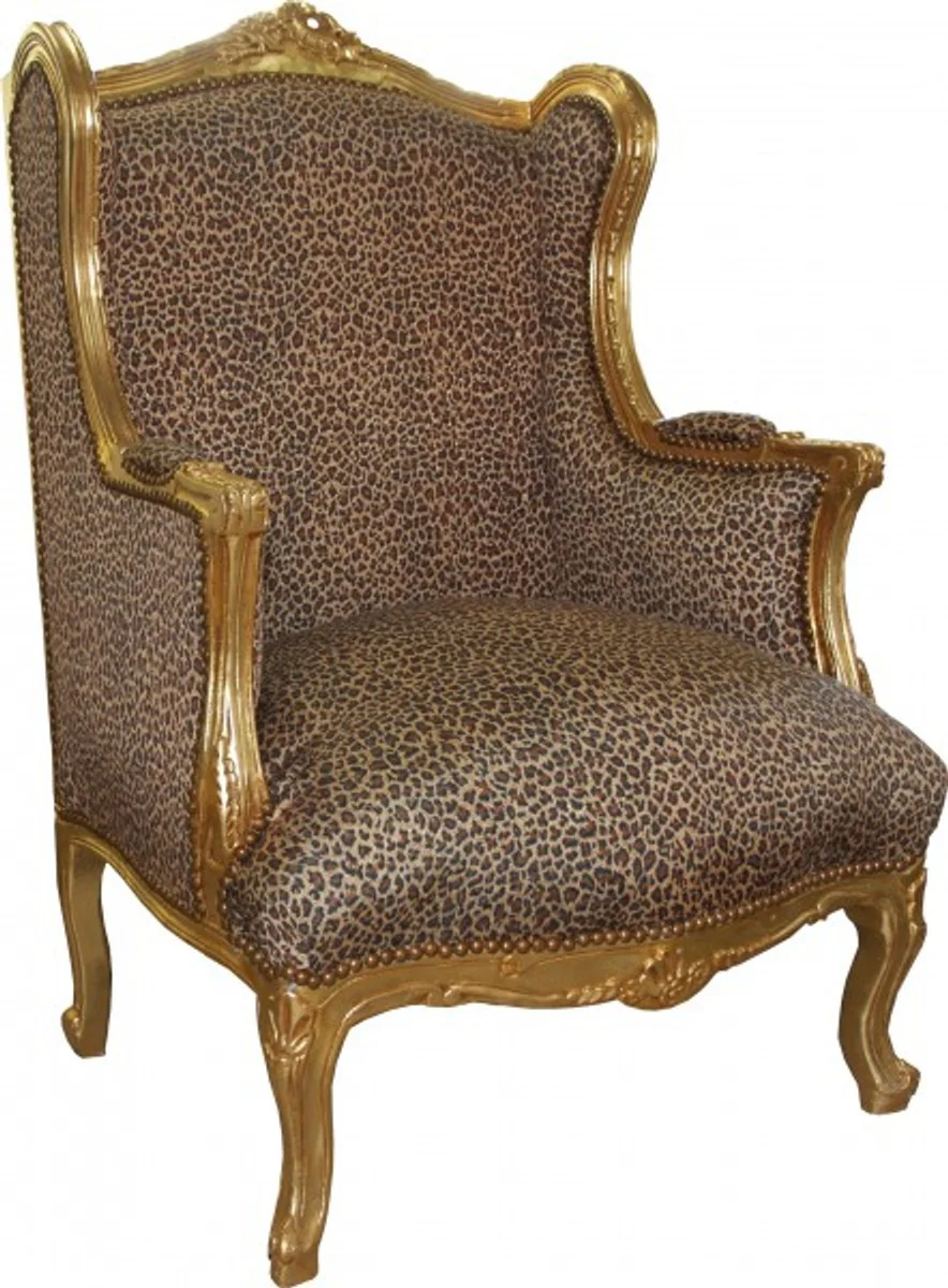 Baroque Lounge Throne Chair Leopard / Gold Mod2 - Ear Armchair - Wing Chair Tron Chair