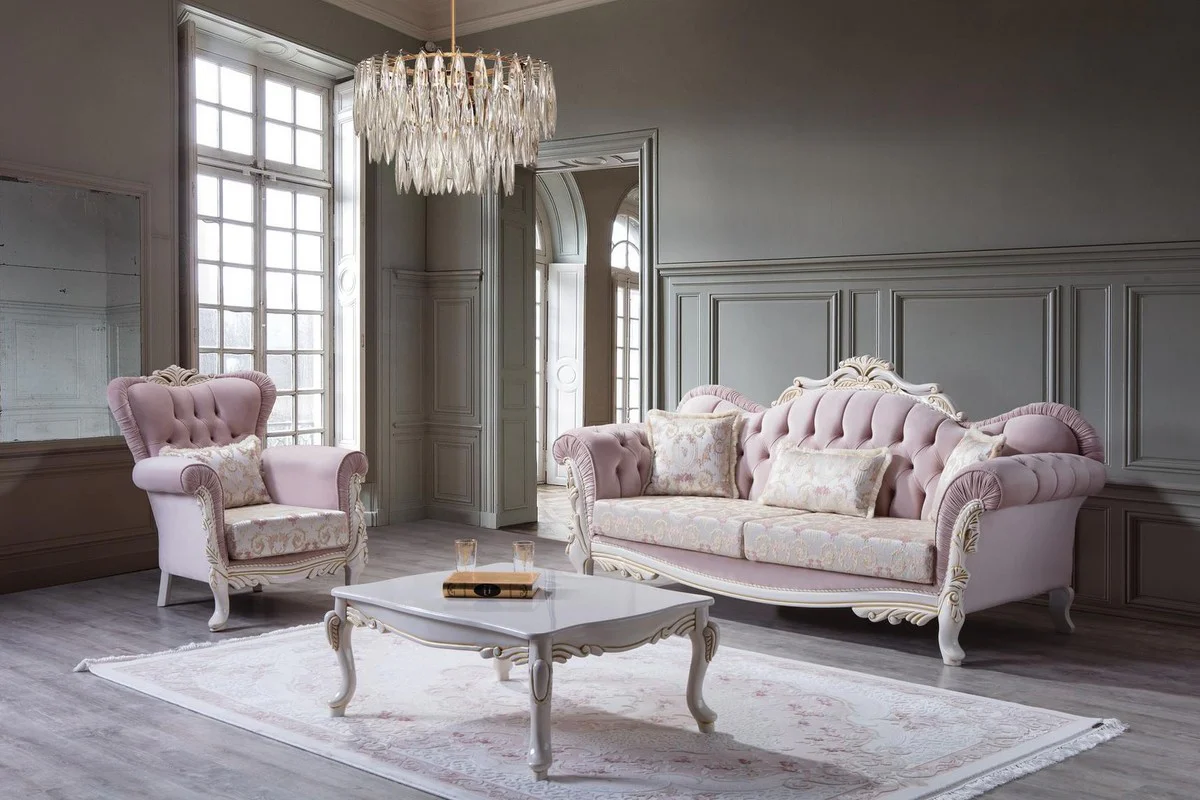 Luxury baroque sofa with decorative pillows pink / silver / white / gold 243 x 90 x H. 110 cm - baroque style living room furniture