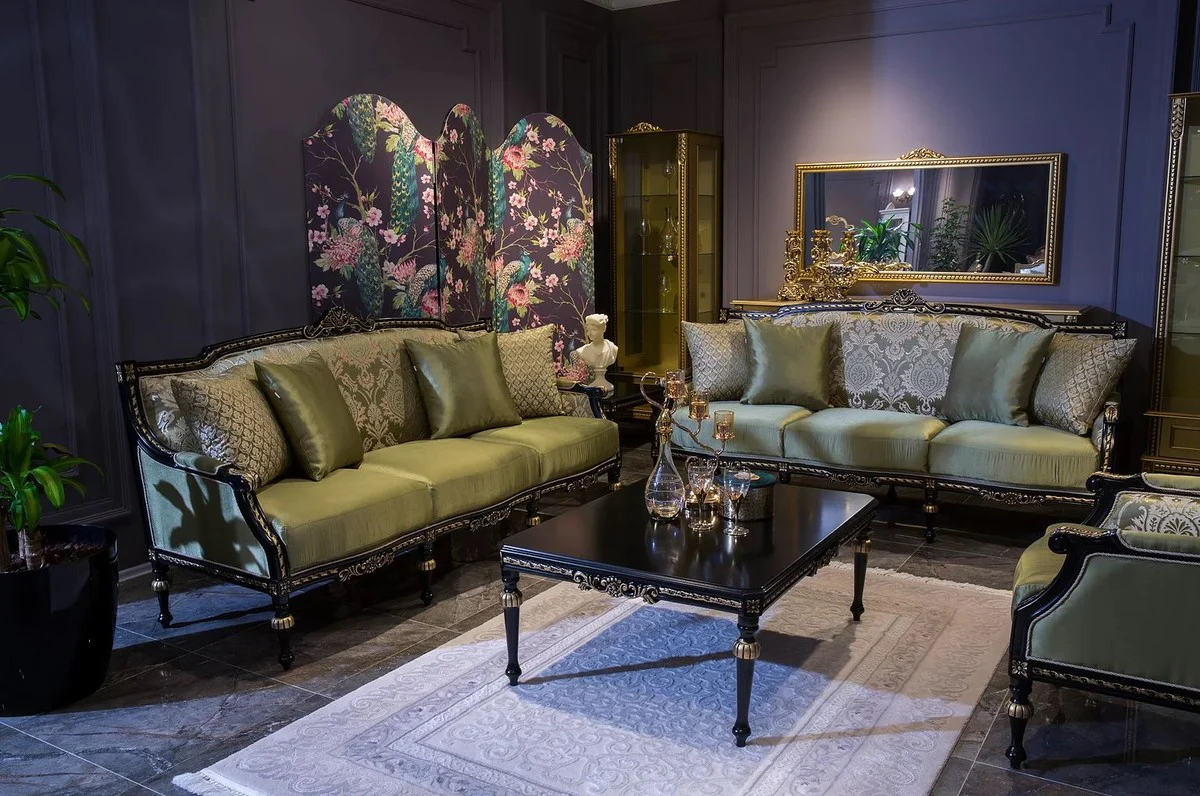 Luxury baroque living room sofa green / black / gold 209 x 74 x H. 106 cm - Noble solid wood sofa with decorative pillows - Living room furniture in the baroque style