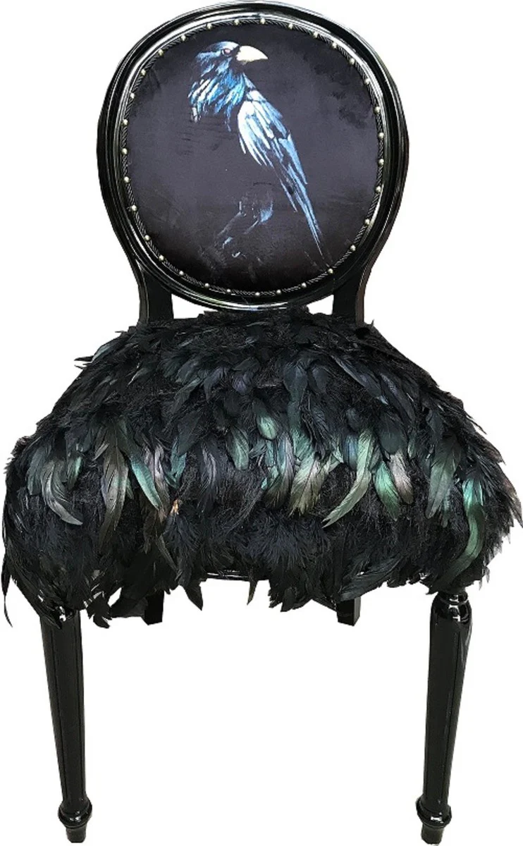 Luxury Baroque Dining Room Chair Set Crow Black 50 x 60 x H. 104 cm - Handmade Kitchen Chairs with Artificial Feathers - Baroque Dining Room Furniture