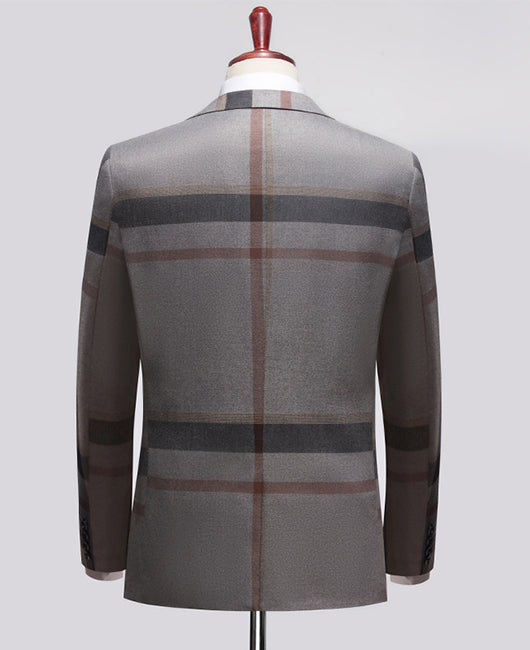 Business Plaid Print Lapel Collar Blazer & Blazer Vest & Pants 3pcs Set