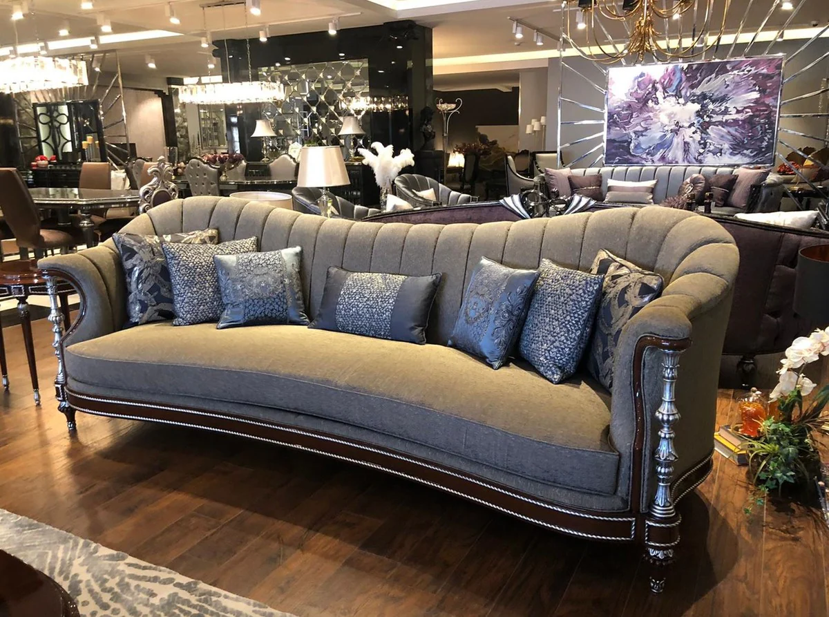 Luxury baroque living room sofa gray / brown / silver 280 x 90 x H. 98 cm - living room furniture in baroque style - noble & magnificent