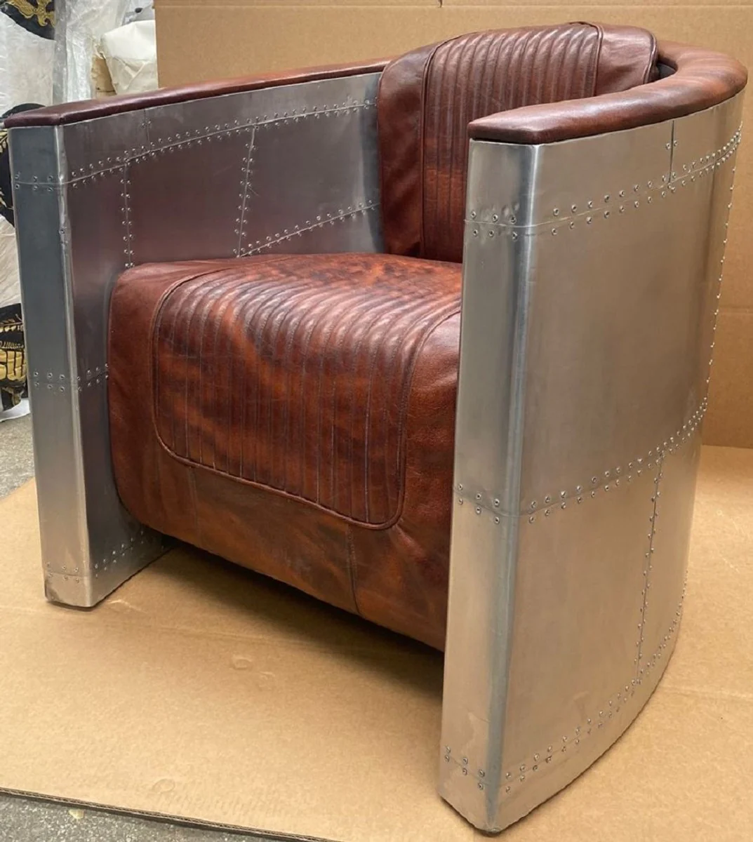 Luxury Art Deco leather armchair vintage brown / silver - aluminum living room armchair with high-quality genuine leather - lounge armchair - airplane aviator genuine leather furniture