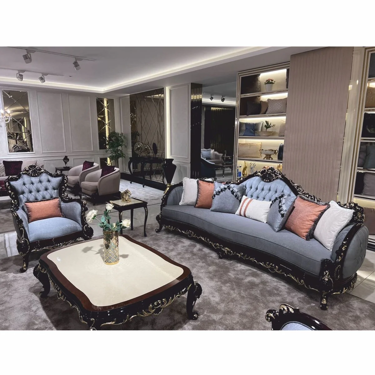 Luxury Baroque Living Room Sofa Light Blue / Dark Brown / Gold 295 cm - Baroque Furniture