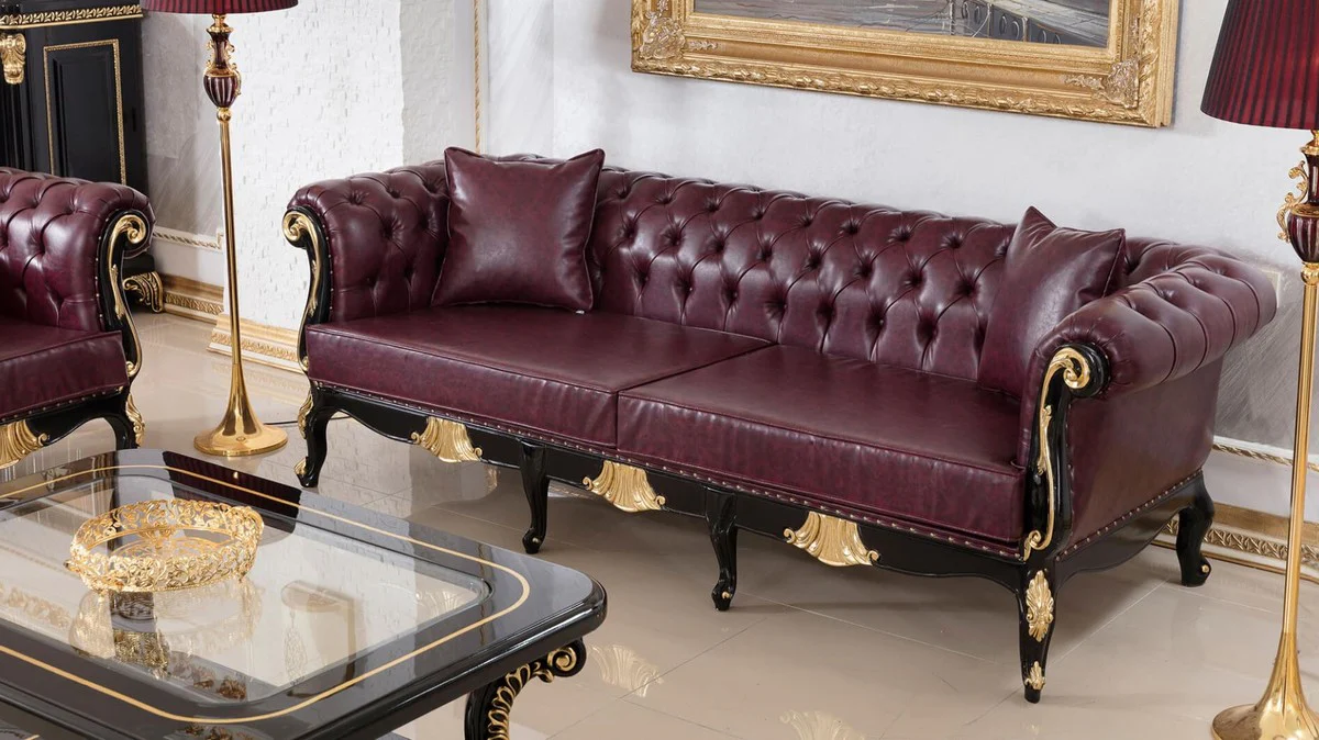 Luxury Baroque Chesterfield Sofa Bordeaux Red / Black / Gold - Magnificent living room sofa with elegant faux leather - Baroque Chesterfield living room furniture