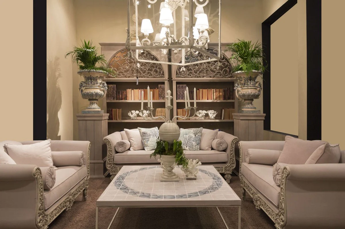 Luxury Baroque Sofa Light Gray / Gray 220 x 100 x H. 80 cm - Hand-forged wrought iron sofa with cushions - Living room sofa - Garden sofa - Patio sofa - Baroque furniture