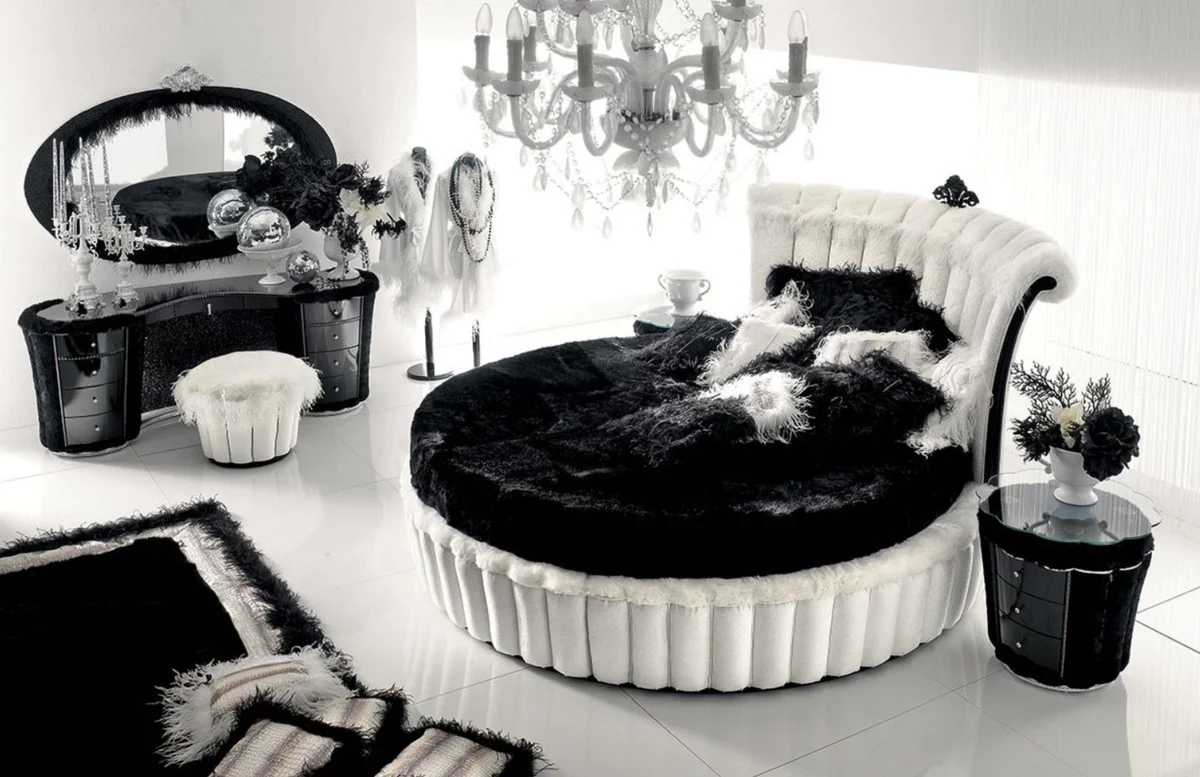 Luxury Baroque Bedroom Set Black / Silver / White - 1 Baroque Dressing Table & 1 Baroque Mirror & 1 Baroque Stool - Magnificent Baroque Bedroom & Hotel Furniture - Made in Italy