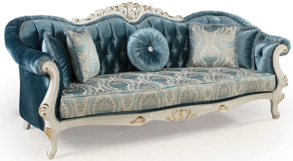 Luxury baroque living room set blue / white / gold - 2 sofas & 2 armchairs & 1 coffee table - magnificent living room furniture in baroque style