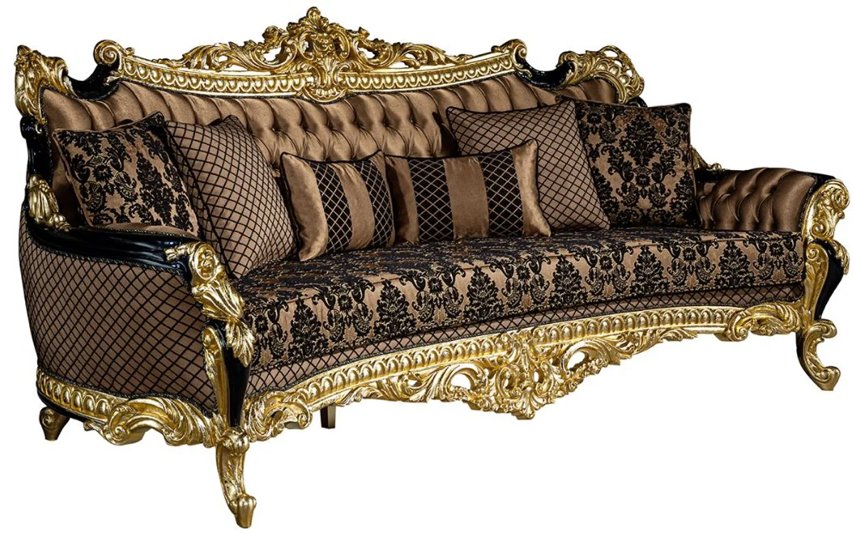 Luxury baroque sofa brown / black / gold 260 x 110 x H. 117 cm - Magnificent living room sofa with decorative pillows - Noble baroque furniture