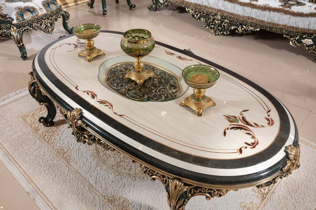 Luxury baroque coffee table beige / white / green / gold - magnificent solid wood living room table with glass top - baroque living room furniture - noble & magnificent