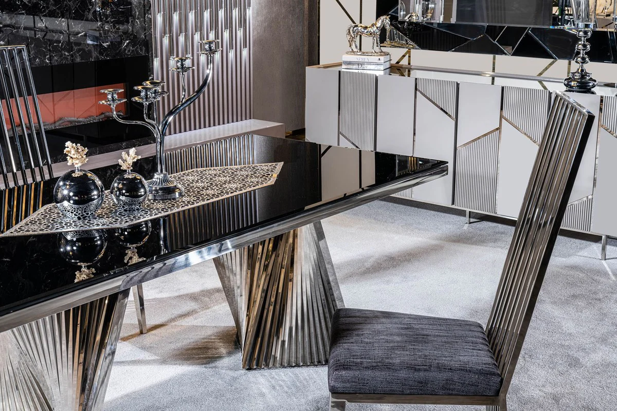 Luxury dining table black / silver 200 x 100 x H. 76 cm - Rectangular dining room table with glass top - Dining room furniture - Luxury furniture - Luxury dining room furnishings