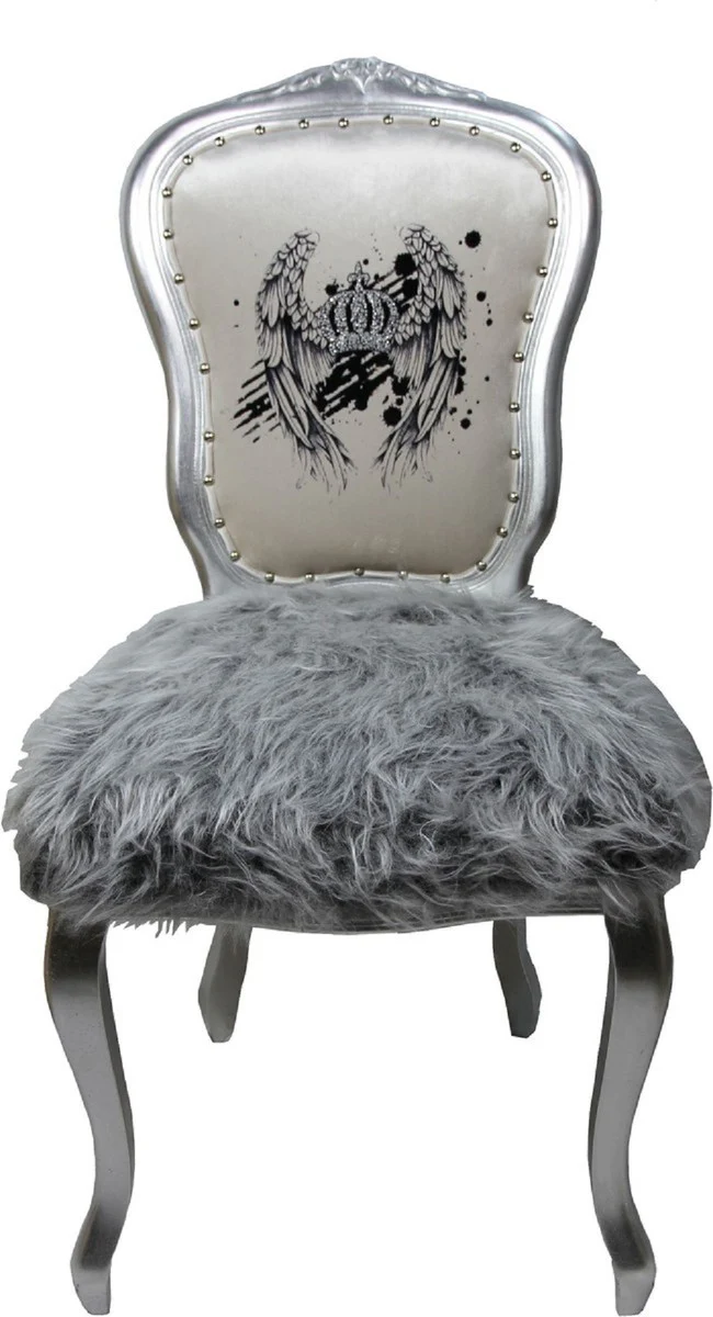 Pompöös by Luxury Baroque Dining Room Chairs Crown White / Gray / Silver - Pompöös Baroque Chairs designed by Harald Glööckler - 4 dining room chairs with faux fur