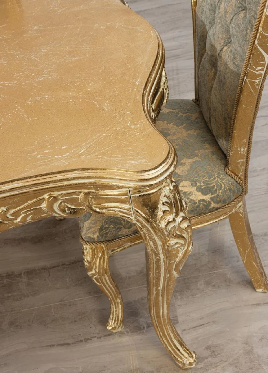 Luxury Baroque Dining Room Set Green / Antique Gold - 1 Baroque Dining Table & 6 Baroque Dining Chairs - Luxury Dining Room Furniture in Baroque Style - Magnificent Baroque Dining Room Furniture